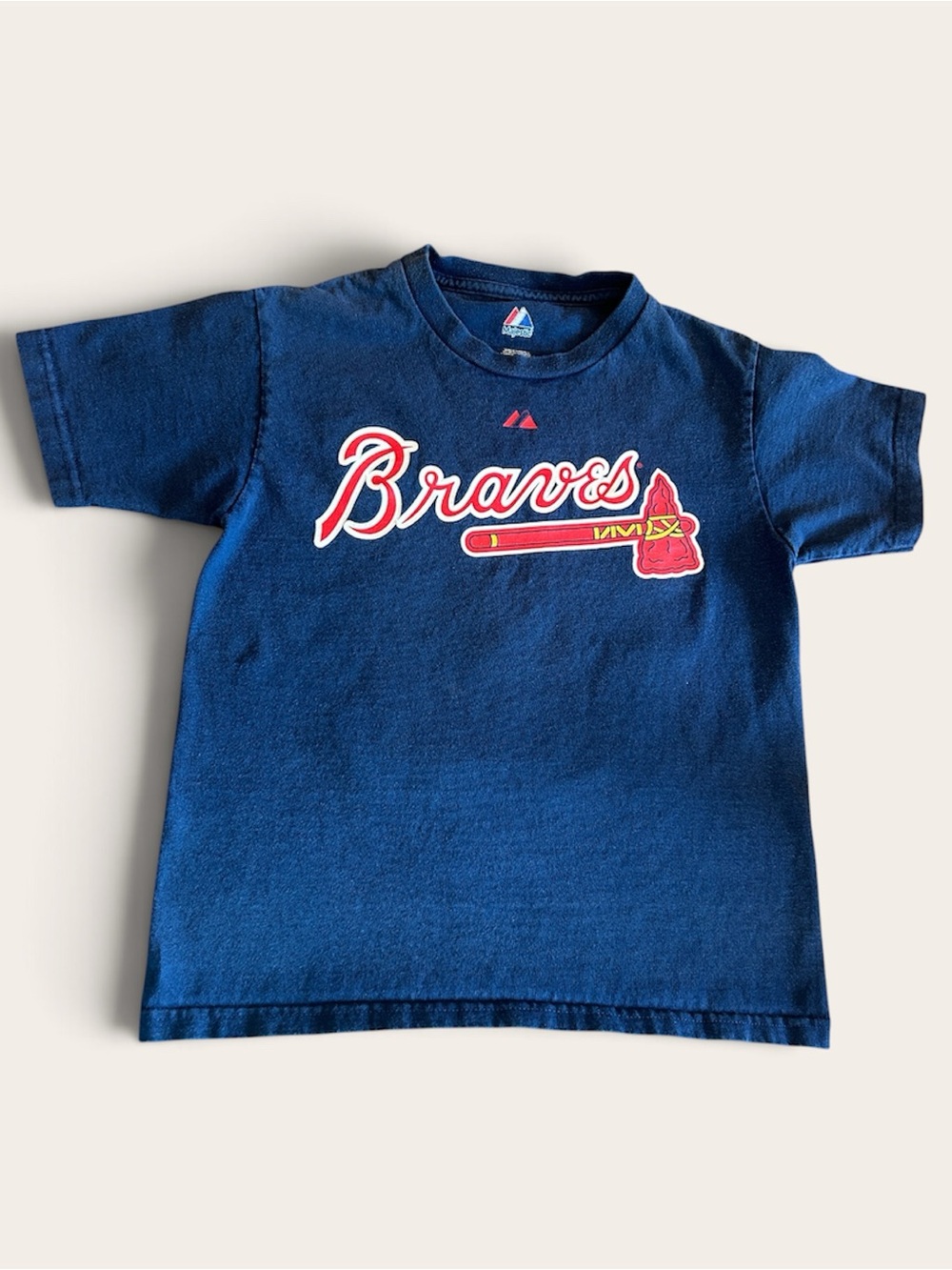 Majestic Navy Braves Short Sleeve Tee with Red Logo
